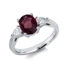 Ring aus 750 Weißgold Rubin 1,36ct rot 2 Diamanten Tropfen-Schliff 0,37ct TW-SI