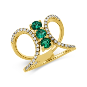 Ring aus 750 Gelbgold 3 Smaragde 0,58ct grün 42 Brillanten 0,26ct TW-SI B:14,6mm