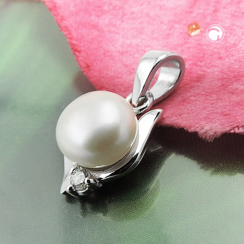 Anhänger 11x7mm Süßwasserzuchtperle mit Zirkonia rhodiniert 925 Silber 925 Silber