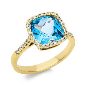 Ring aus 750 Gelbgold Topas 3,9ct blau 40 Brillanten 0,21ct TW-SI B:9mm 4er-Krappe Ring aus 750 Gelbgold Topas 3,9ct blau 40 Brillanten 0,21ct TW-SI B:9mm 4er-Krappe