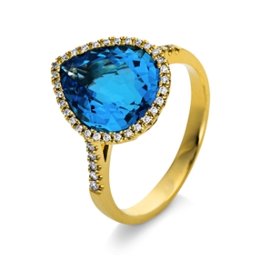 Ring aus 750 Gelbgold Topas 5,3ct blau 43 Brillanten 0,17ct TW-SI B:10mm