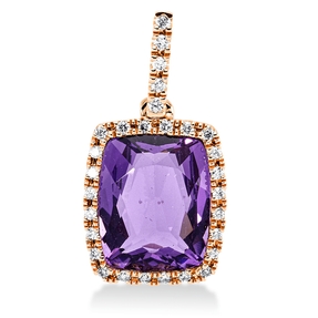 Anhänger aus 750 Rotgold Amethyst 3ct lila 29 Brillanten 0,13ct TW-SI 20x10,4mm
