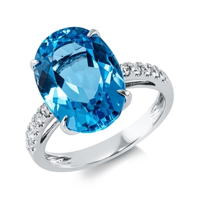 Ring aus 750 Weißgold Topas 8,1ct blau 10 Brillanten 0,2ct TW-SI B:14mm 4er-Krappe