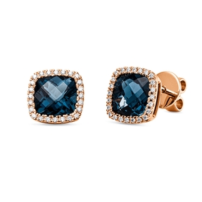 Ohrstecker 750 Rotgold 2 Topase 3,7ct London Blue 48 Brillanten 0,15ct TW-SI 9x9mm Ohrstecker 750 Rotgold 2 Topase 3,7ct London Blue 48 Brillanten 0,15ct TW-SI 9x9mm