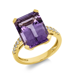 Ring aus 750 Gelbgold Amethyst 7,6ct pink 10 Brillanten 0,23ct TW-SI B:14,3mm