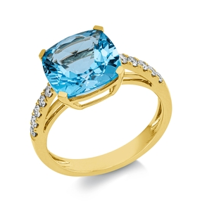 Ring aus 750 Gelbgold Topas 6,2ct blau 10 Brillanten 0,23ct TW-SI B:10,1mm