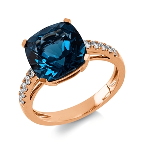 Ring aus 750 Rotgold Topas 6,2ct London Blue 10 Brillanten 0,23ct TW-SI B:9,9mm