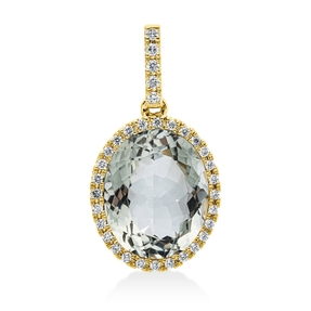 Anhänger 750 Gelbgold Amethyst 3,3ct grün 33 Brillanten 0,15ct TW-SI 21,3x11,4mm