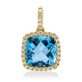 Anhänger aus 750 Gelbgold Topas 4,1ct blau 33 Brillanten 0,16ct TW-SI mit Öse