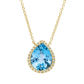 Collier aus 750 Gelbgold Topas 3,8ct blau 28 Brillanten 0,11ct TW-SI L:42cm