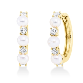 Creolen aus 750 Gelbgold 6 Süßwasser-Perlen 3mm weiß 8 Brillanten 0,28ct TW-SI