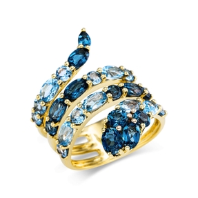 Ring in 750 yellow gold with 26 London Blue topazes, 5.6 ct, width: 25.5 mm