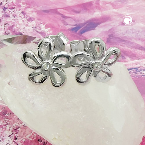 Ohrstecker Ohrring 9mm Blume Zirkonia weiß glänzend rhodiniert 925 Silber