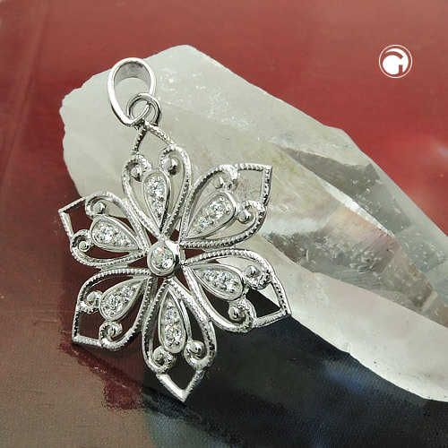 Anhänger 24mm filigrane Blume mit Zirkonias glänzend rhodiniert 925 Silber