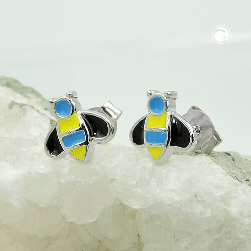 Ohrstecker Ohrring 8x8mm Bienen blau-gelb-schwarz emailliert 925 Silber