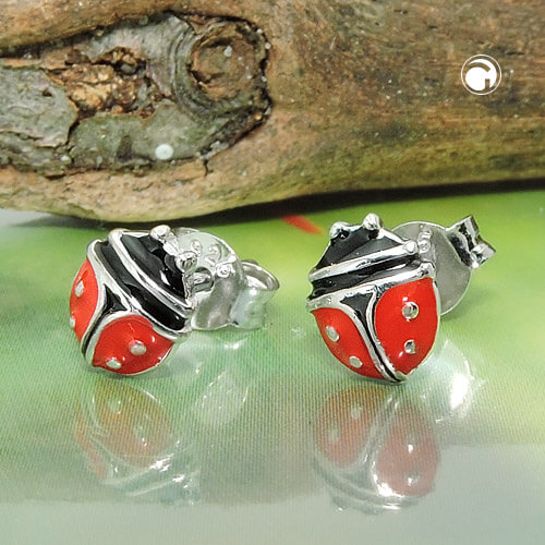 Ohrstecker Ohrring 7x6mm Marienkäfer rot-schwarz emailliert 925 Silber