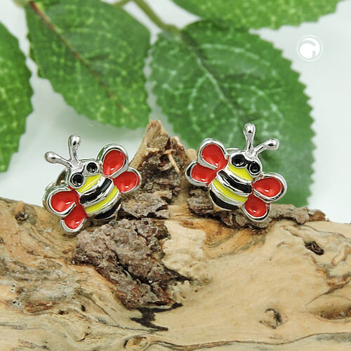 Ohrstecker Ohrring 8x8mm Bienen rot-gelb-schwarz-emailliert 925 Silber
