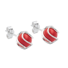 Paar Ohrstecker aufgearbeitete Koralle 7mm rot matt umwickelt 925 Silber