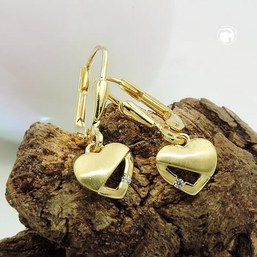 Ohrbrisur Ohrhänger Ohrringe 21x7mm Herz matt-glänzend mit Zirkonia 9Kt 375 Gold