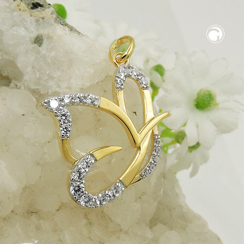 Anhänger 17x19mm stilisierter Schmetterling mit Zirkonias 9Kt 375 Gold
