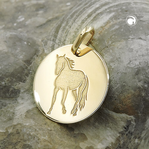 Anhänger Gravurplatte 14mm mit Lasergravur Pferd glänzend 9Kt 375 Gold