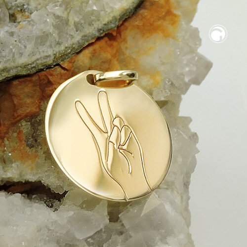 Anhänger Gravurplatte 16mm mit Lasergravur Peace-Victory-Zeichen glänzend 9Kt 375 Gold