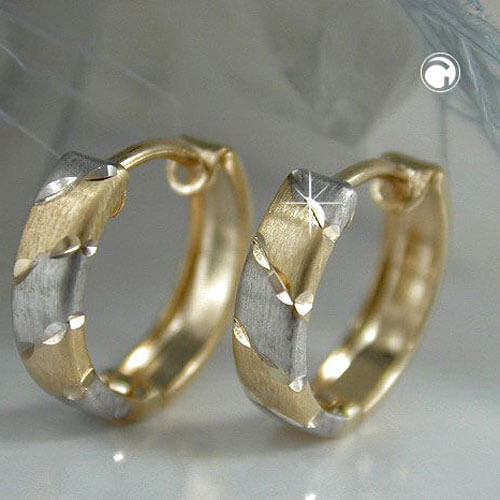 Creole Ohrring 12x3mm Klappscharnier bicolor rhodiniert 9Kt 375 Gold