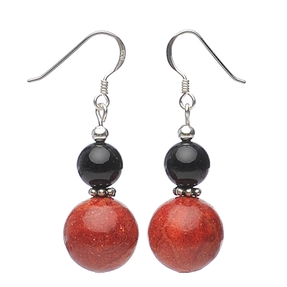 Ohrringe Ohrhänger aus Koralle Schaumkoralle & Onyx, rot schwarz, Ohrschmuck Damen