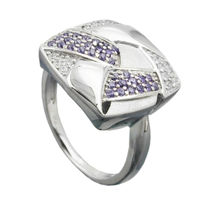 Ring Damenring Viereck mit Muster Zirkonia lila weiß 925 Silber
