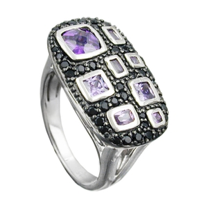 Damenring Zirkonia lila-schwarz flache Viereckform 925 Silber