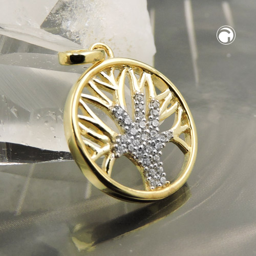 Anhänger 15mm Lebensbaum mit Zirkonia 375 Gelbgold