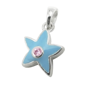 Anhänger für Kinder, Sternchen hellblau lakiert mit lila Zirkonia, 925 Silber Anhänger für Kinder, Sternchen hellblau lakiert mit lila Zirkonia, 925 Silber