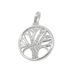 Anhänger, Baum des Lebens Lebensbaum mit weißen Zirkonia, rund, 925 Silber