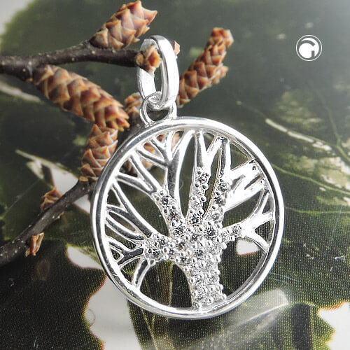 Anhänger Lebensbaum mit Zirkonia rund 925 Silber