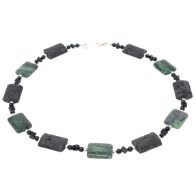 Kette Collier aus Rubin-Zoisit & Lava & Onyx schwarz-grün 925 Silber Halskette Edelsteinkette