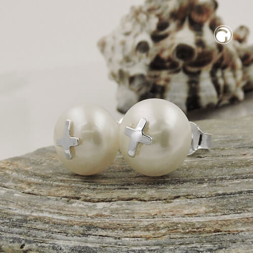 Ohrstecker Perle mit Silberkreuzchen 925 Silber