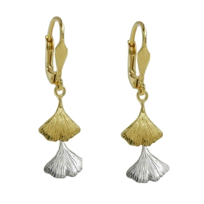 Brisur Ohrringe Ohrhänger Ohrschmuck, Ginkgoblätter, 375 Gold Gelbgold Weißgold
