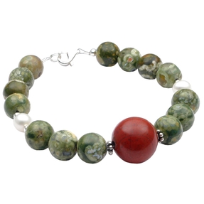 Armband Armschmuck aus Rhyolith Rot-Jaspis Perlen 925 Silber grün braun Armband Armschmuck aus Rhyolith Rot-Jaspis Perlen 925 Silber grün braun