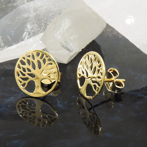 Ohrstecker 10mm Lebensbaum rund 375 Gelbgold