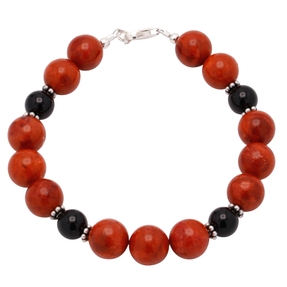 Armband aus Koralle & Onyx & 925er Silber schwarz rot Armkette Armschmuck