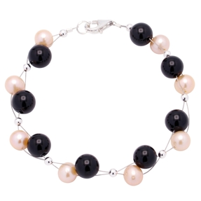 Armband aus Perlen Süßwasserperlen & Onyx rose schwarz Armkette Armschmuck Damen Armband aus Perlen Süßwasserperlen & Onyx rose schwarz Armkette Armschmuck Damen