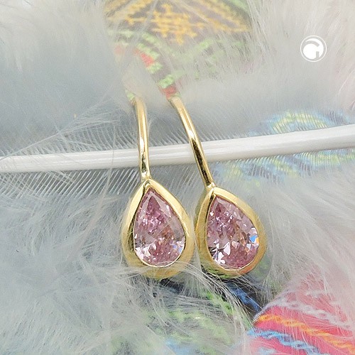 Brisur in Tropfenform Zirkonia pink 375 Gelbgold