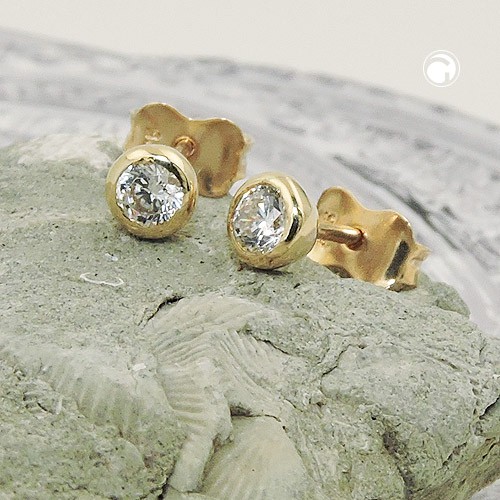 Solitär Ohrstecker mit Zirkonia 4mm rund 375 Gelbgold