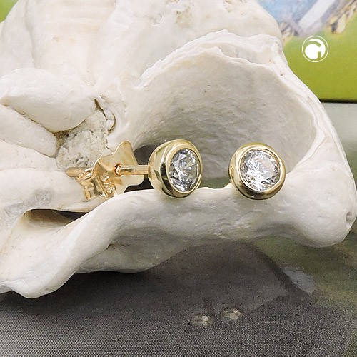 Solitär Ohrstecker mit Zirkonia 5mm rund 375 Gelbgold