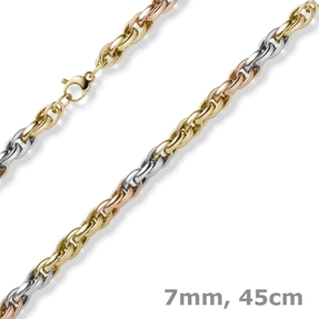 7mm Kordel-Kette Collier aus 585 Gold gelb/weiß/rot tricolor 45cm Halsschmuck