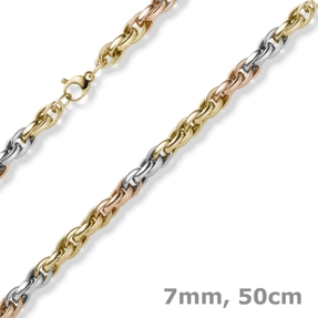7mm Kordel-Kette Collier aus 585 Gold gelb/weiß/rot tricolor 50cm Halsschmuck