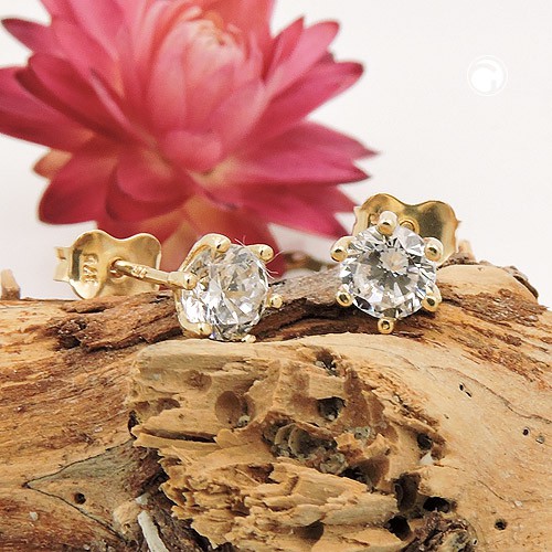 Solitär Ohrstecker mit Zirkonia 5mm 375 Gelbgold