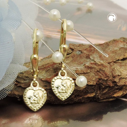 Ohrringe Herzchen mit Engel 585 Gelbgold