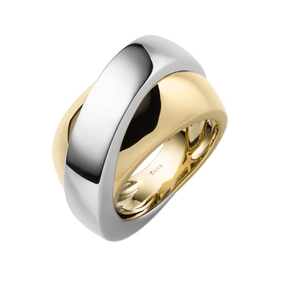 Breiter Ring Damenring aus 585 Gold Gelbgold & Weißgold bicolor glänzend B:14mm