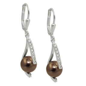 Ohrhänger Ohrringe Brisur braune Perle aus Kristall weiße Zirkonia 925 Silber Ohrhänger Ohrringe Brisur braune Perle aus Kristall weiße Zirkonia 925 Silber